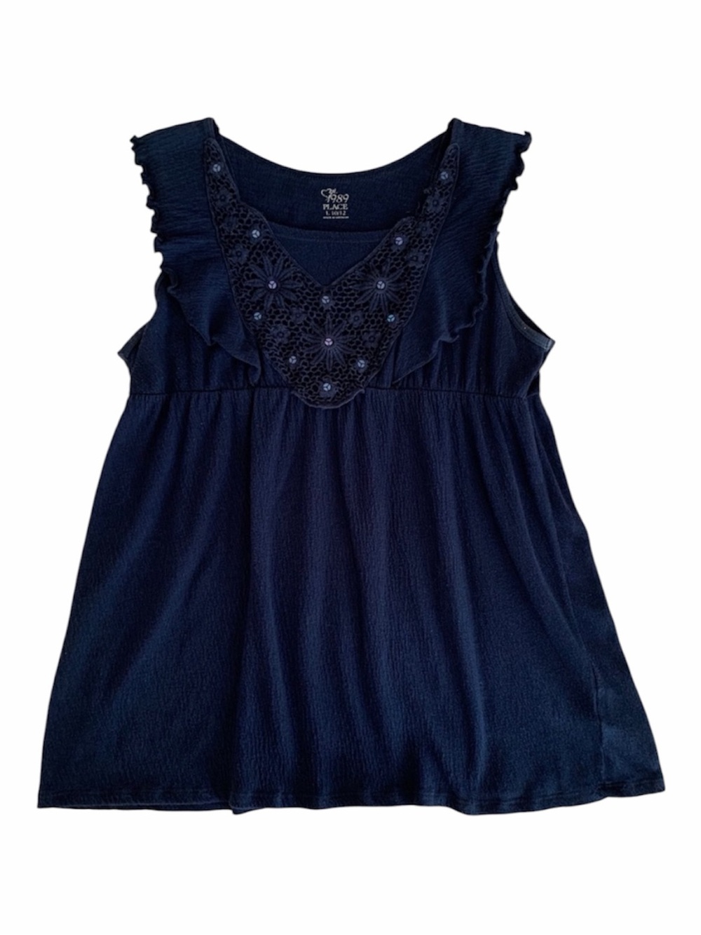 The Children’s Place Girls Navy Blue Crochet Sequin Ruffle Tank Top Size L 10-12